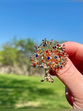 Tree of Life Brooch Pin Multicolor Gold Tone GUC
